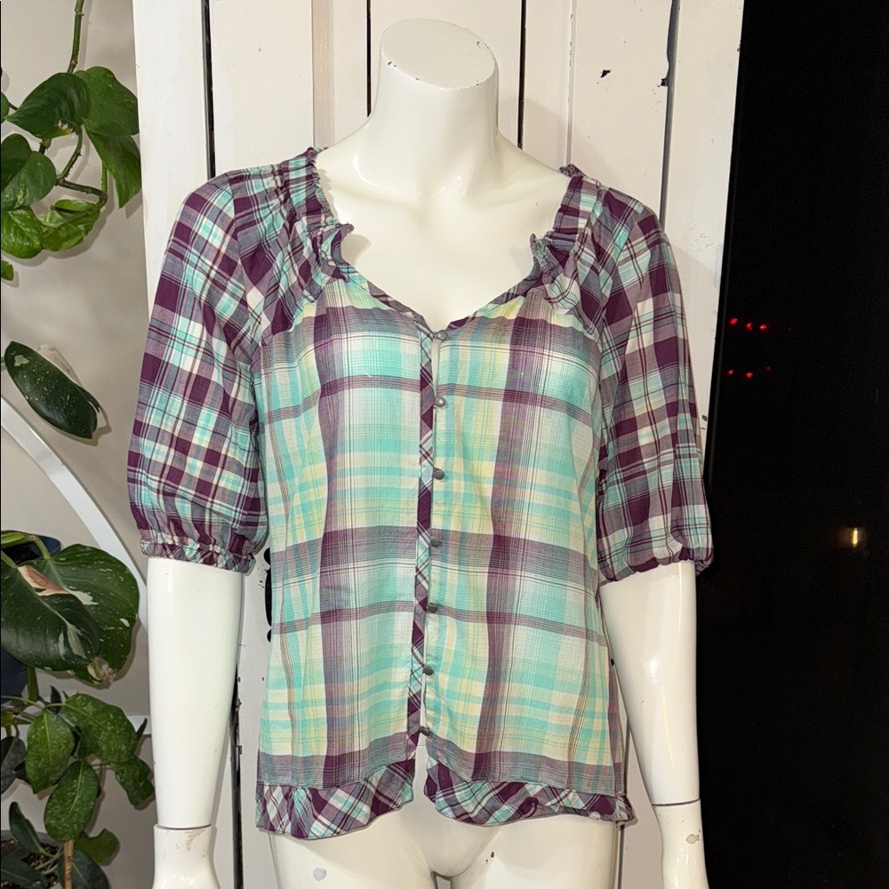 Cruel western Plaid gingham purple/teal Ruffle Trim Women's Top 3/4 sleeve M 🕰️